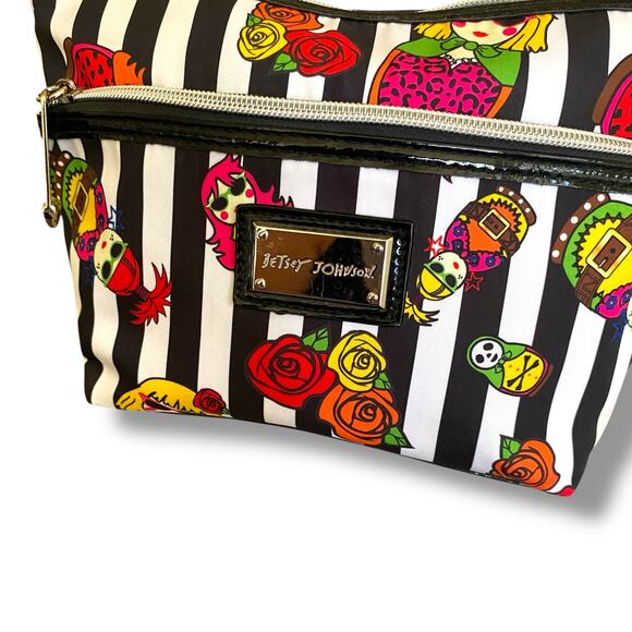 Betsy Johnson Cosmetic Pouch Bag Black Stripe Nesting Doll Print Medium Zip Top - Picture 7 of 12